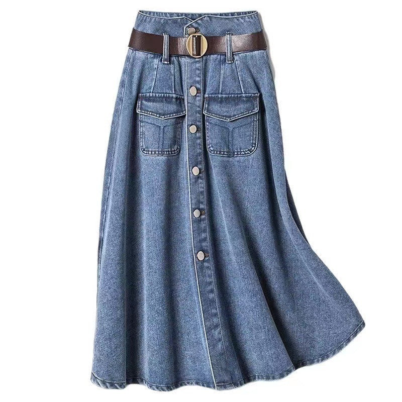 Pleated Skirt High Waist Slimming Sense Of Design Casual Denim Skirt