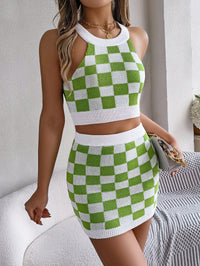 Women   Color Block Plaid Cropped Top & Bodycon Skirt Knit Set