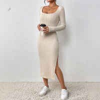 Threaded New Style Square Neckline Defined Waist Slit Long Sleeve Dress For Women