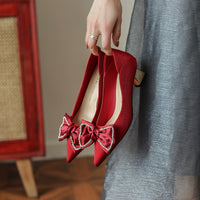 Women's Pointed Toe Chunky Heel Shoes With Rhinestone Bow High Heels