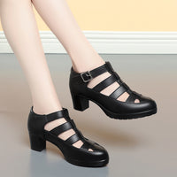 Closed Toe Sandals Summer Chunky Heel Woven Hollowed Ankle-strap Buckle Women's Shoes