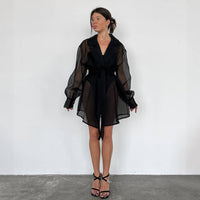 Black Mesh Cardigan-laced Nightgown Sexy And Sheer
