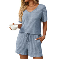 Solid-color Ribbed Sleepwear Short-sleeve Loungewear Set