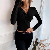 Women's New V-neck Slim-fit Short Knit Long-sleeve Top