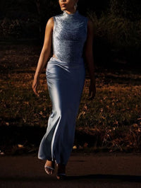 Elegant Sleeveless Tassel-trimmed Zippered Satin Fishtail Maxi Dress Set