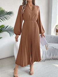 Women's Elegant Triple V Neck Long Sleeve Tie Waist Pleated Maxi Dress