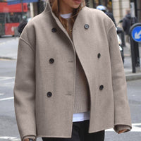 Women's Casual Double Breasted Solid Color Woolen Overcoat Coat
