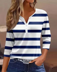 Casual V-neck Button-striped Top T-shirt For Women Stylish And Versatile