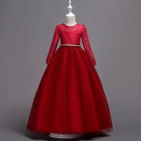 Long Sleeve Girl's Pettiskirt Lace Diamond Wedding Performance Dress