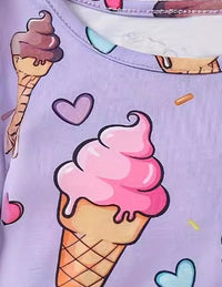 Girls' Purple Ice Cream Cone Small Love Cool Printed Short Sleeve Shorts Suit