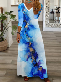 V-neck Long-sleeve Bohemian Peacock-print Floral Maxi Dress