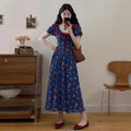 Womens Blue Square-Neck Floral Puff-Sleeve Dress