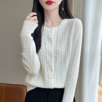 Women's Round Neck Wool Cardigan Twisted Wool Sweater