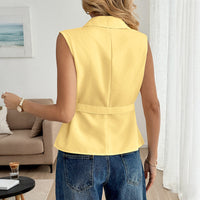 Casual Yellow Sleeveless Belted Cardigan Shirt