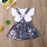 Summer Girls' Solid Color Flounced Sleeve Romper Floral Suspender Skirt Two-piece Set