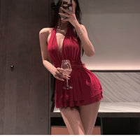 Deep V Halter Nightdress Backless Design See-through Double-layer Mesh