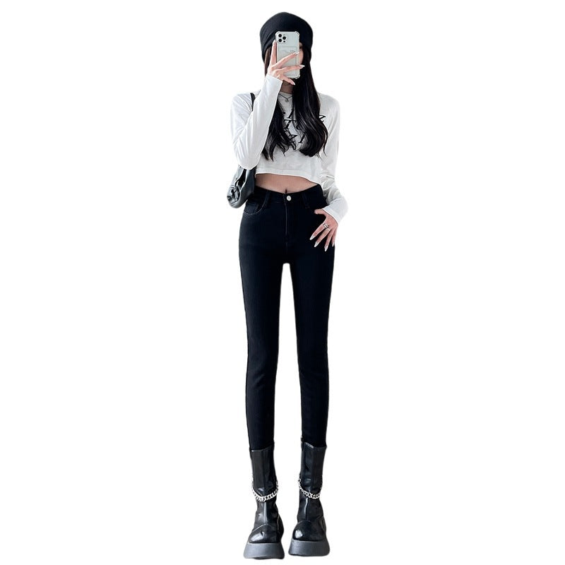 Fleece-lined Base High Waist Black Tight Trousers Skinny Pants