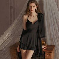 Seductive Swing Collar Double-layer Skirt Satin Nightdress