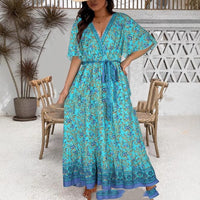 Women's Retro Printed V-Neck Long Dress Women's Pullover