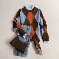 Comfortable And Warm Diamond Pattern Color Block Round Neck Long Sleeve