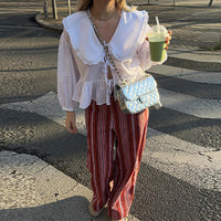 Cross Border Stringy Selvedge Lace-up Doll Collar Shirt Lantern Sleeve Sweet All-matching Top