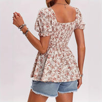 Women's Casual Square Neck Smocked Floral Vacation Blouse