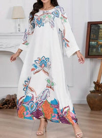 Elegant Floral Print Long Sleeve Abaya Dress