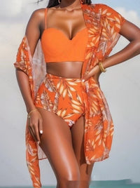 Women's Maple Leaf Printed High Waist Mesh Bikini Suit