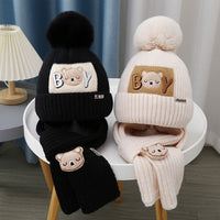 Children Hat Women's Knitted Keep Baby Warm Cartoon Bear Two-piece Set