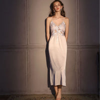 Womens Ice Silk Bra-Padded French-Style Camisole Nightdress