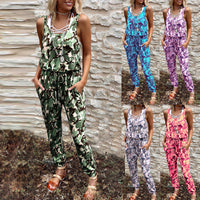 Printed Round Neck Sleeveless High Waist Casual Jumpsuit