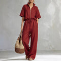Womens Casual Loose Solid-Color Zip-Up Crew-Neck Wide-Leg Pants Set