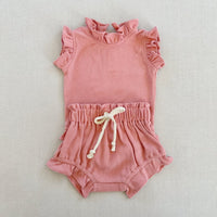 Nfant Sunken Stripe Thread Short Sleeve Wooden Ear Rompers Jumpsuit Plus Shorts Suit Baby Rompers