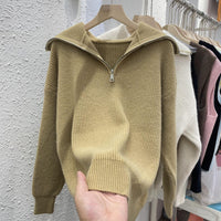 New Lazy Wind Polo Collar Solid Color Soft Glutinous Loose Thread Pullover Sweater Women's