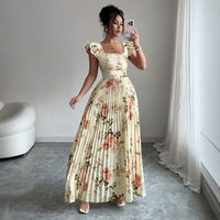 Printed Flutter Sleeve Defined Waist Pleated Dress