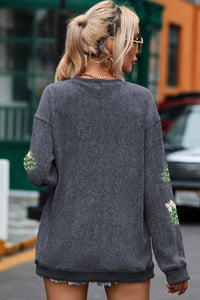 Round Neck Sequins Christmas Tree Rib Sweater For Women