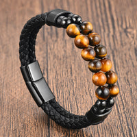 Men's Stainless Steel Leather Braided Handmade Multi-Layer Bracelet