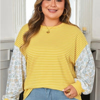 Yellow Stripe Striped Contrast Floral Sleeves Patchwork Plus Size Loose Top