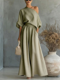 Cropped Off-shoulder Top And Pants Two-piece Set