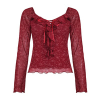 French Jacquard Square-neck Floral Ruffled Long-sleeve Top