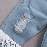 New Lace Half Sleeve Romper Ripped Denim Trousers Two-piece Set