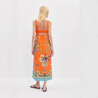 Linen Printed Pleated Elastic Strap Dress