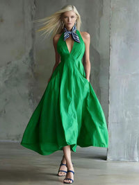 Womens Retro Sleeveless Tie-Waist A-Line Midi Dress With V-Neck