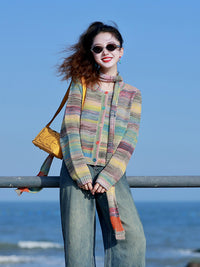 Dopamine Rainbow Fashionable Western Style Youthful-looking Knitted Cardigan