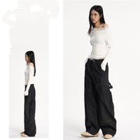 A-shaped Wide-leg Double-knee Raw Denim Workwear Jeans