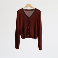 Spring And Summer V-neck Short Tencel Knitted Cardigan Pure Color All-matching