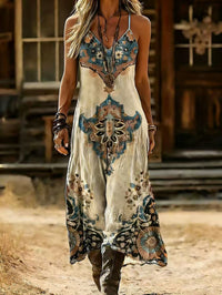 Retro Bohemian Print V-neck Slip Dress