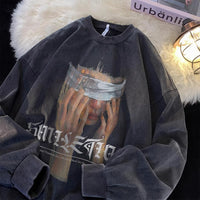 Combed Pure Cotton Heel Wrapped Collar Long Sleeve Washed Retro Heavy Printed Loose