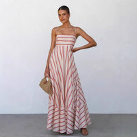 New Striped Printed High-Waisted Flared Resort Sundress With Straps