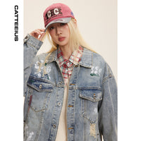 Washed Graffiti Ripped Denim Coat Design Jacket